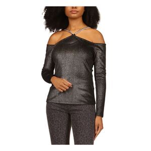 MICHAEL MICHAEL KORS Womens Black Chain Detail Long Sleeve V Neck Party Top XS